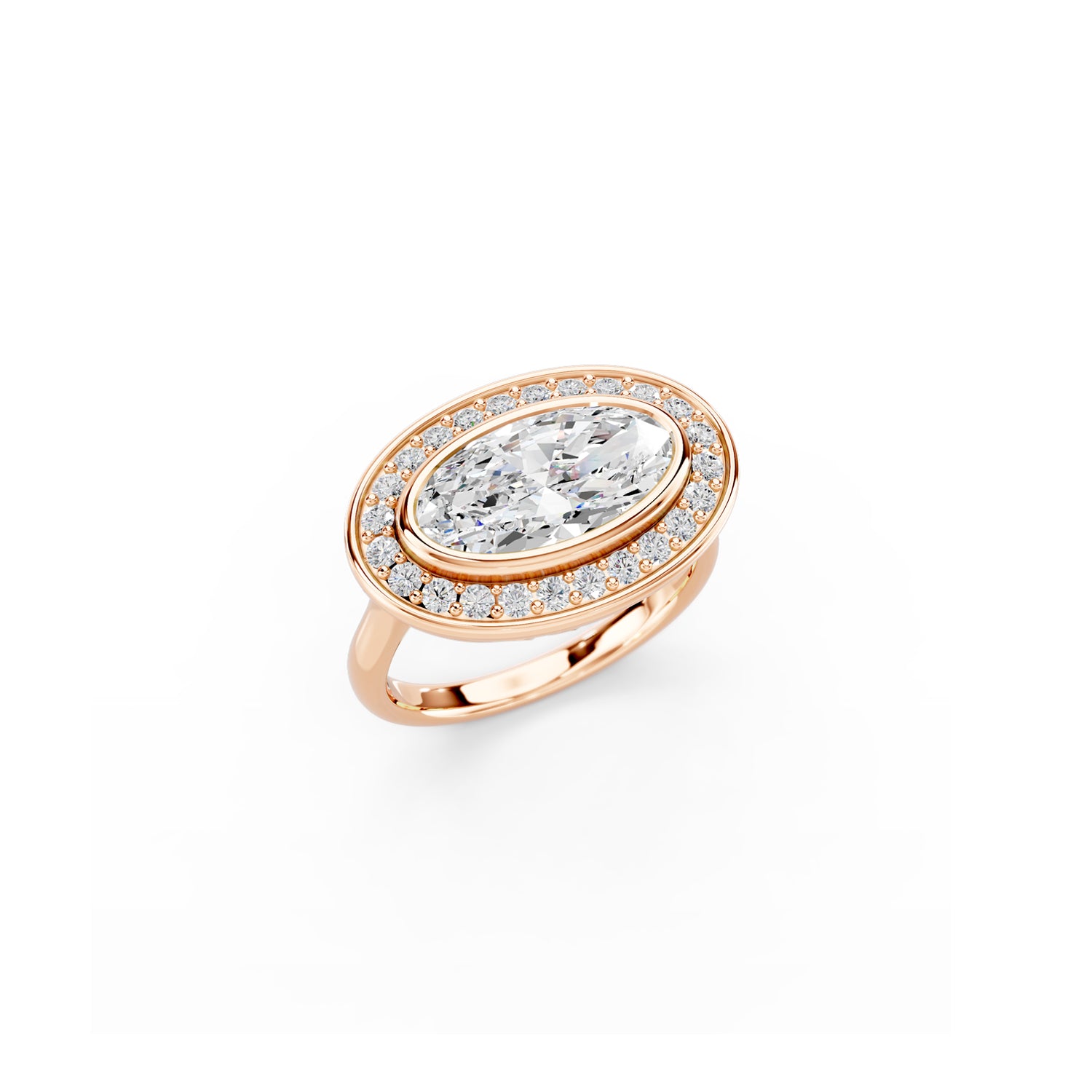 Bold oval bezel set halo engagement ring in rose gold 