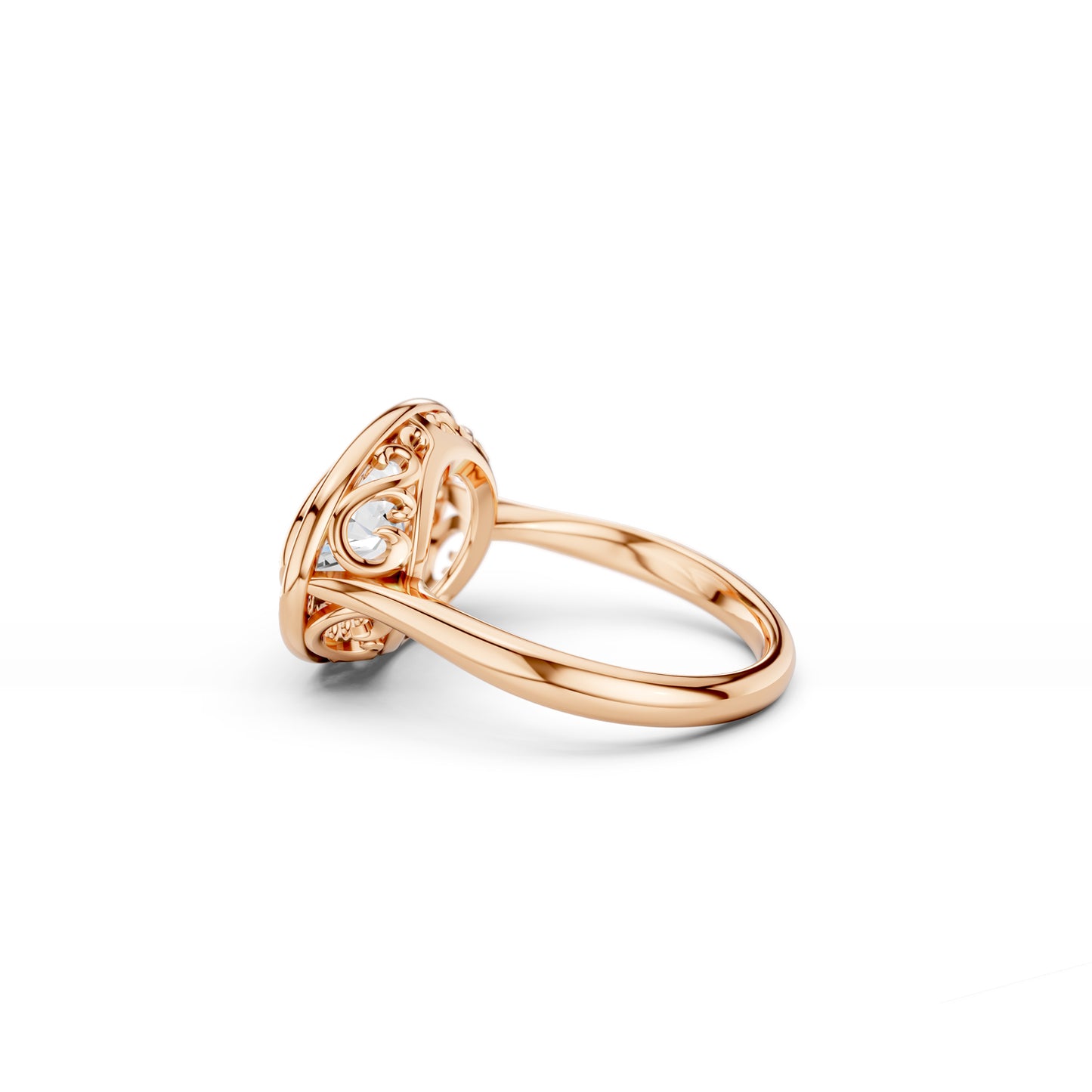 Angled close-up of east-west moval lab diamond ring with decorative side detailing in rose gold | South Africa 