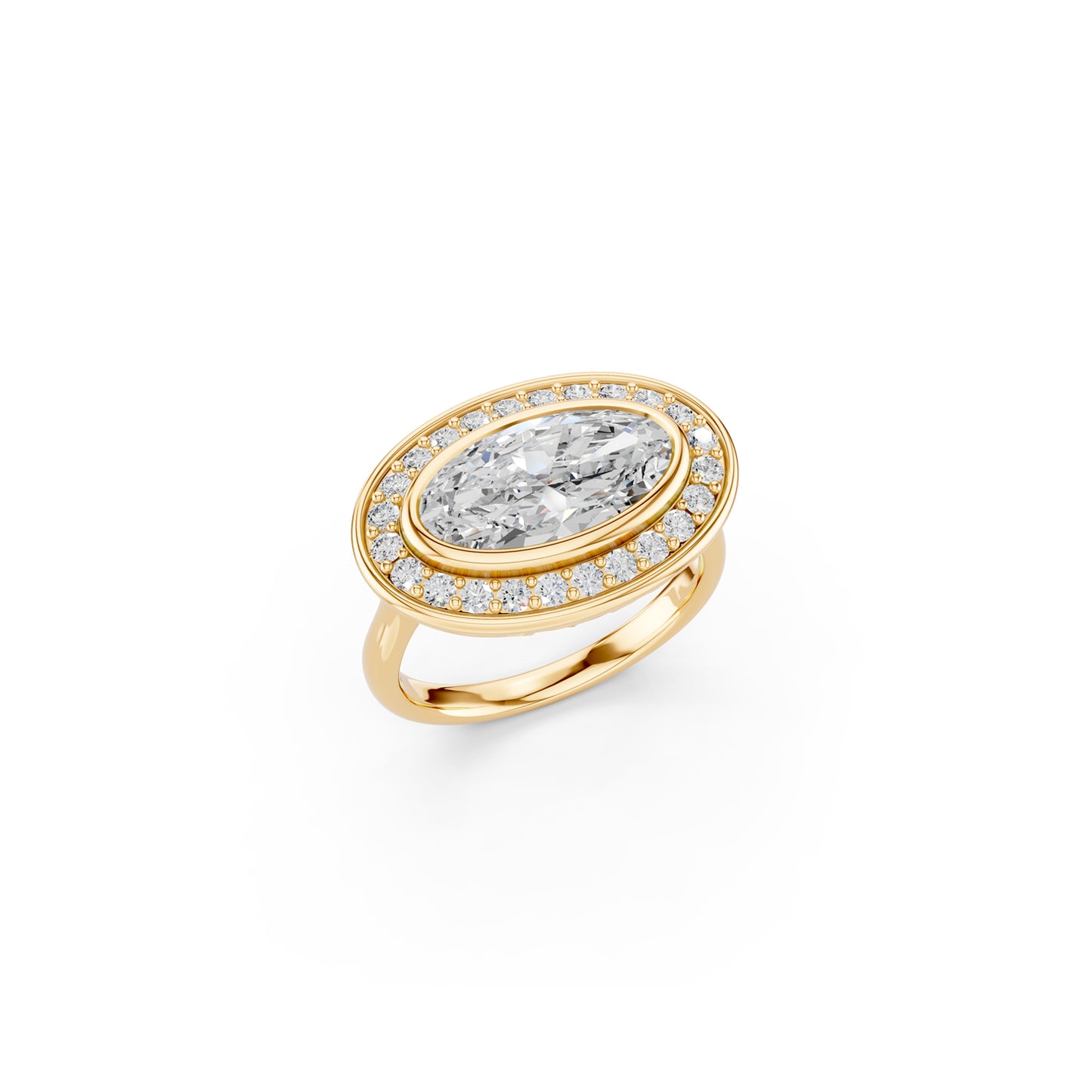 Bold moval-cut lab-diamond halo engagement ring with full finger coverage in yellow gold | Johannesburg, South Africa 