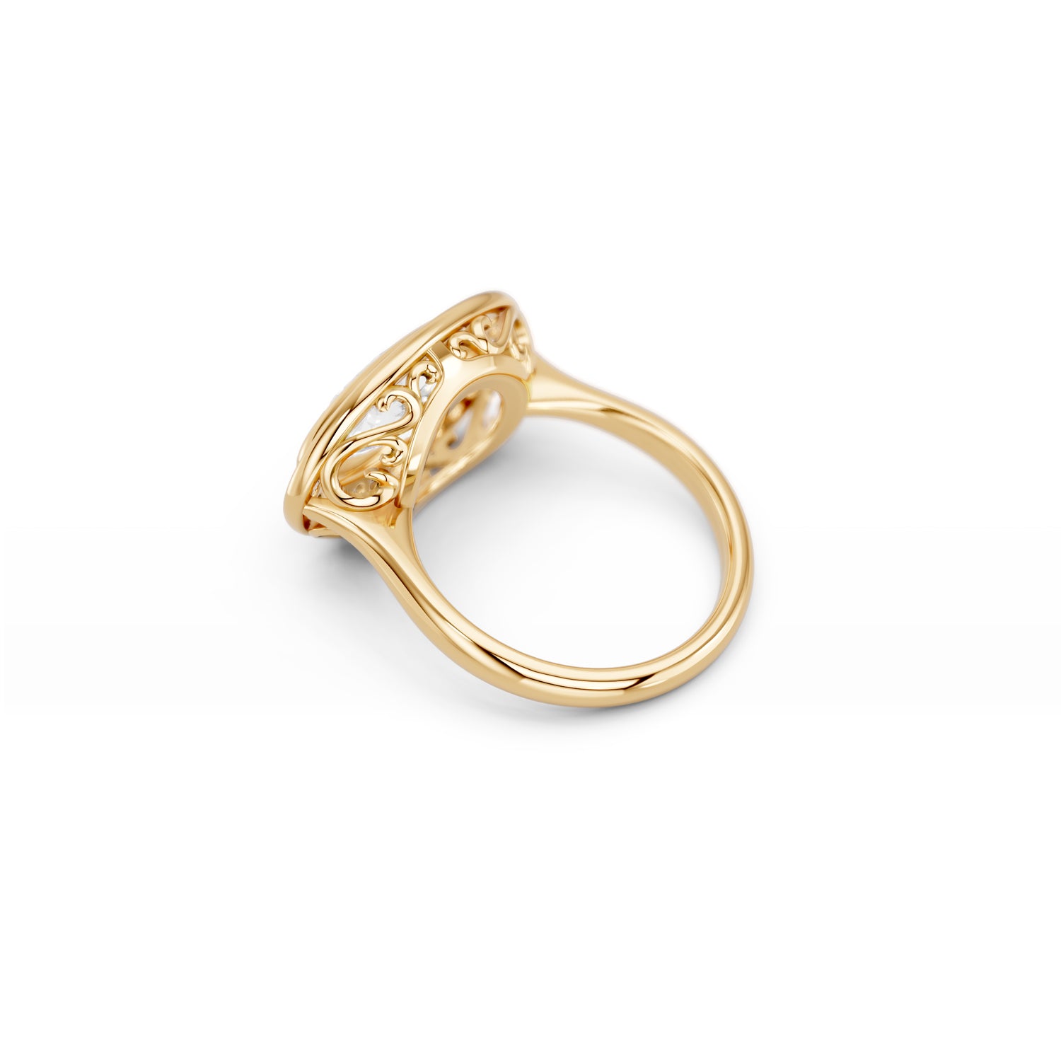 Side view of bold bezel-set moval diamond statement ring with decorative gallery | South Africa 