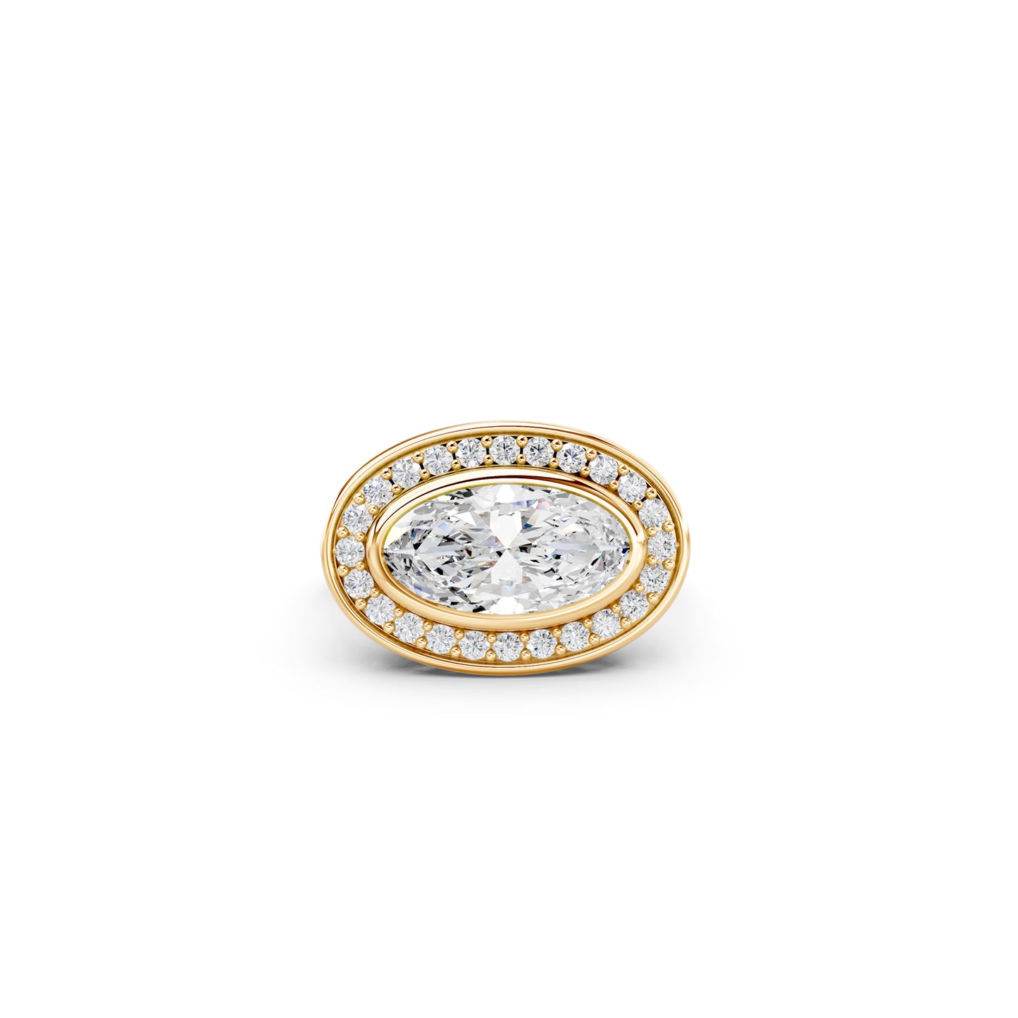 East-west moval diamond halo engagement ring with bold bezel setting | South Africa 