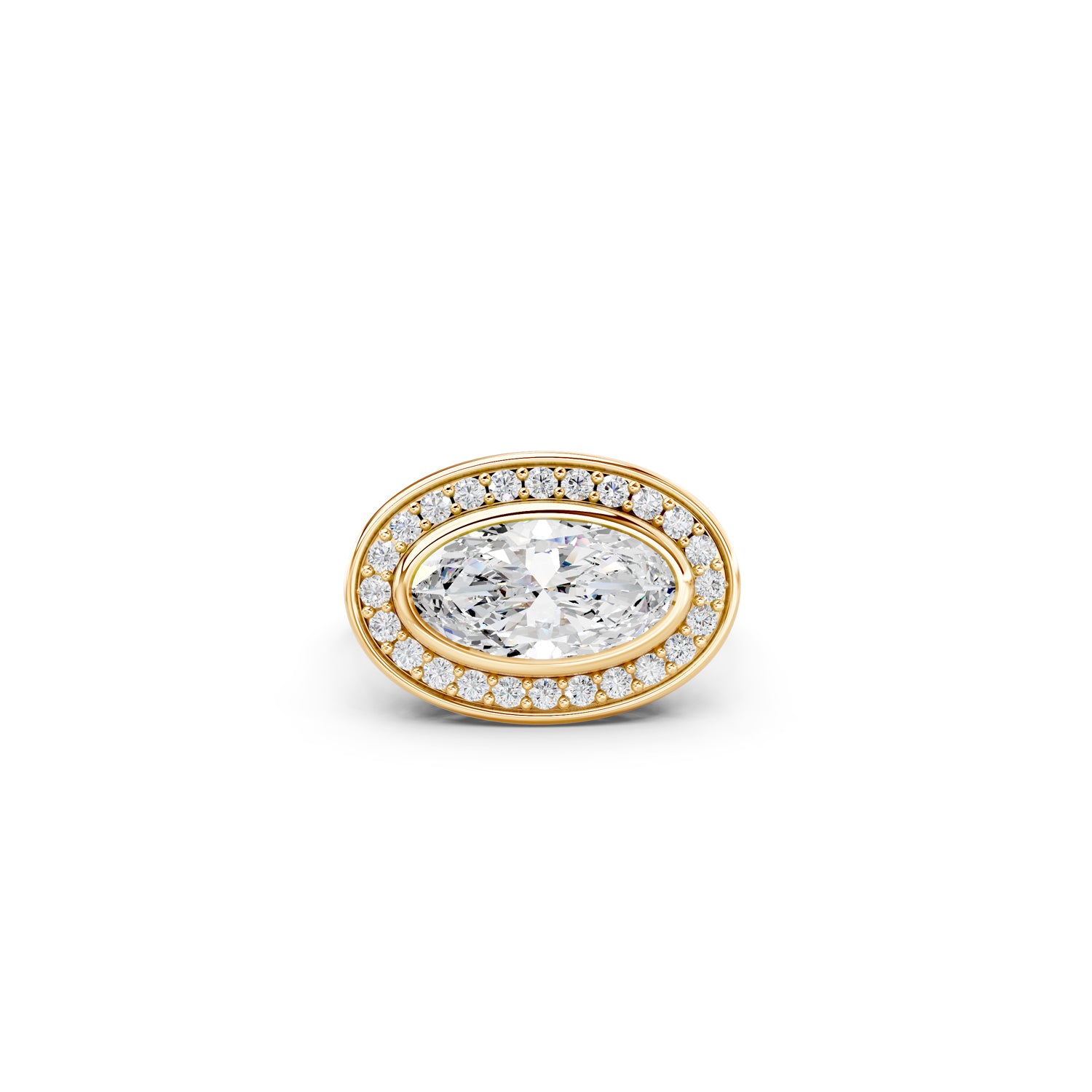 East-west moval diamond halo engagement ring with bold bezel setting | South Africa 