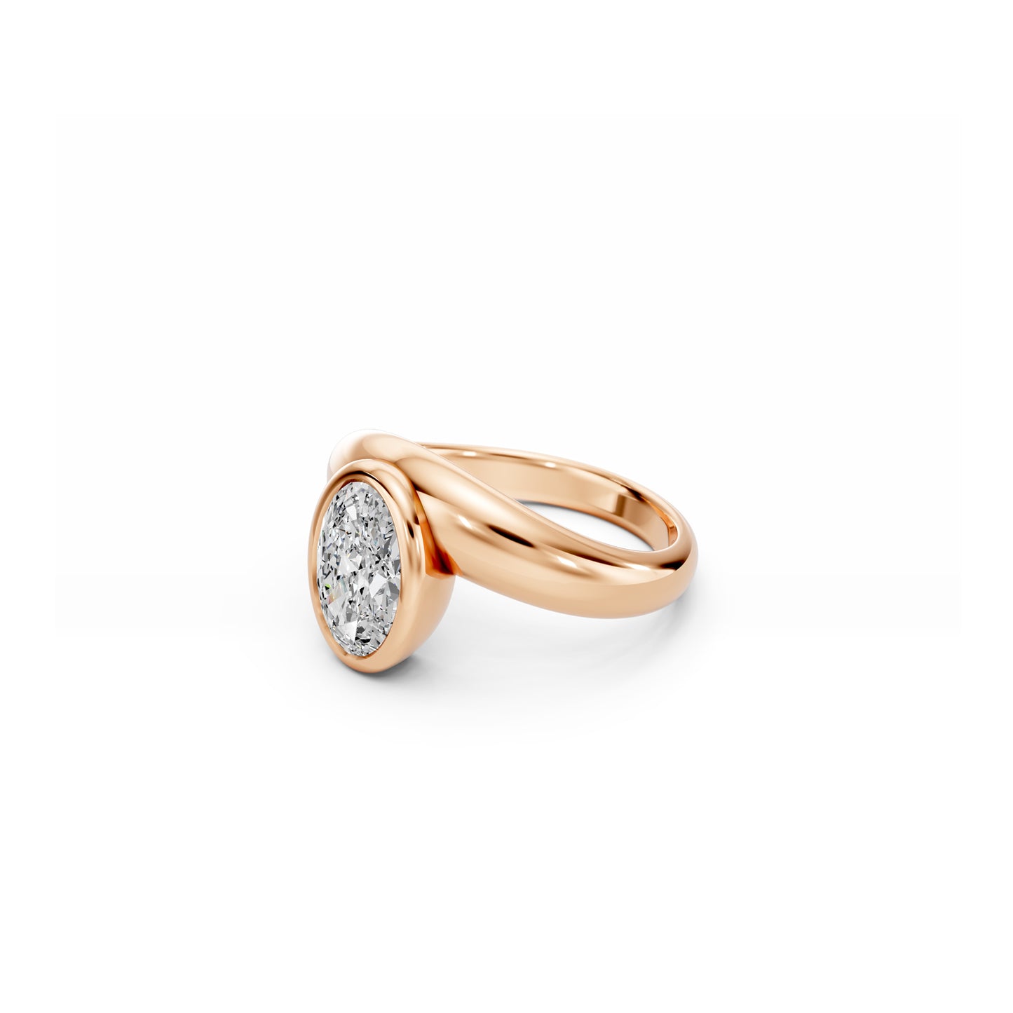 Side detail of modern bezel-set oval diamond engagement ring in rose gold 
