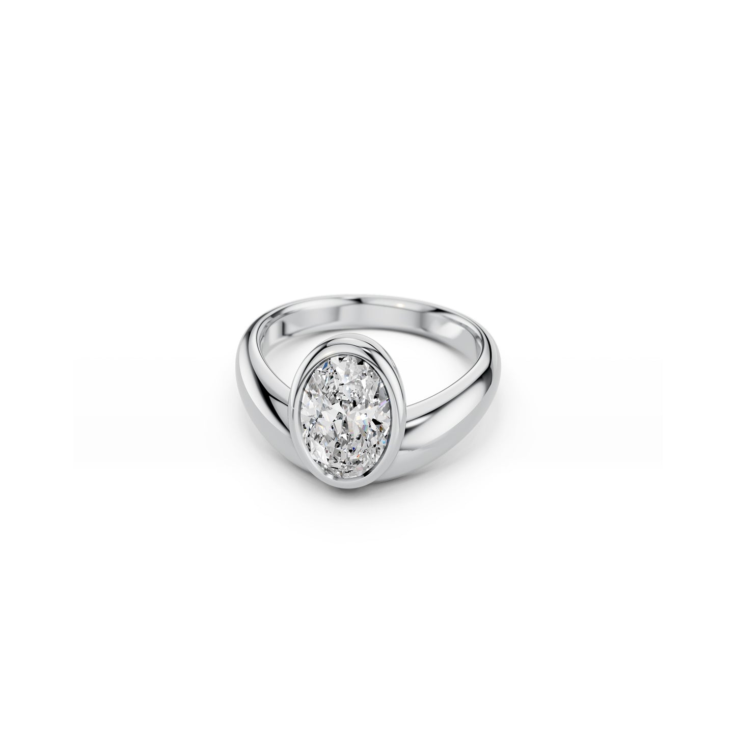 Asymmetrical oval bezel engagement ring with curved band in white gold | South Africa