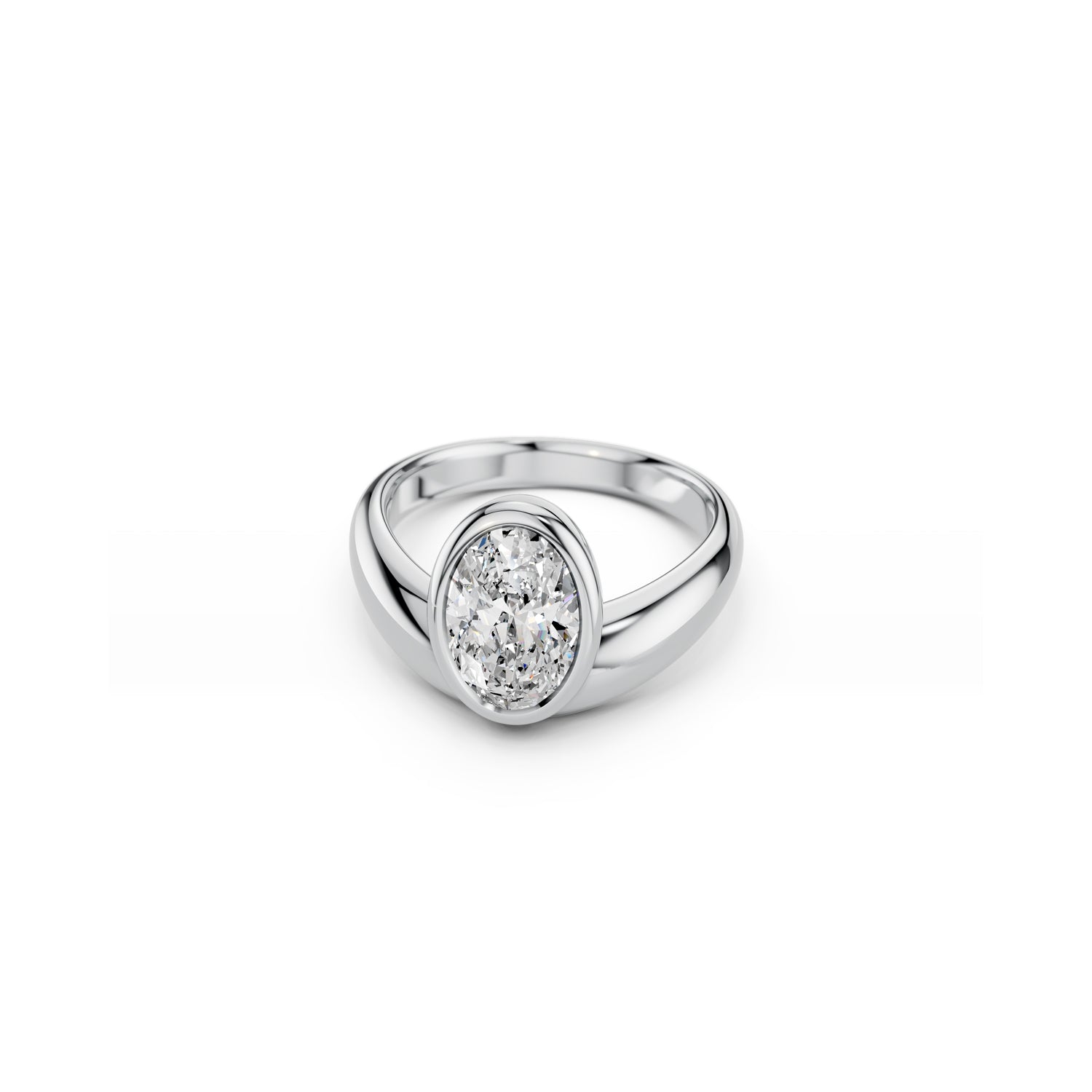 Asymmetrical oval bezel engagement ring with curved band in white gold | South Africa