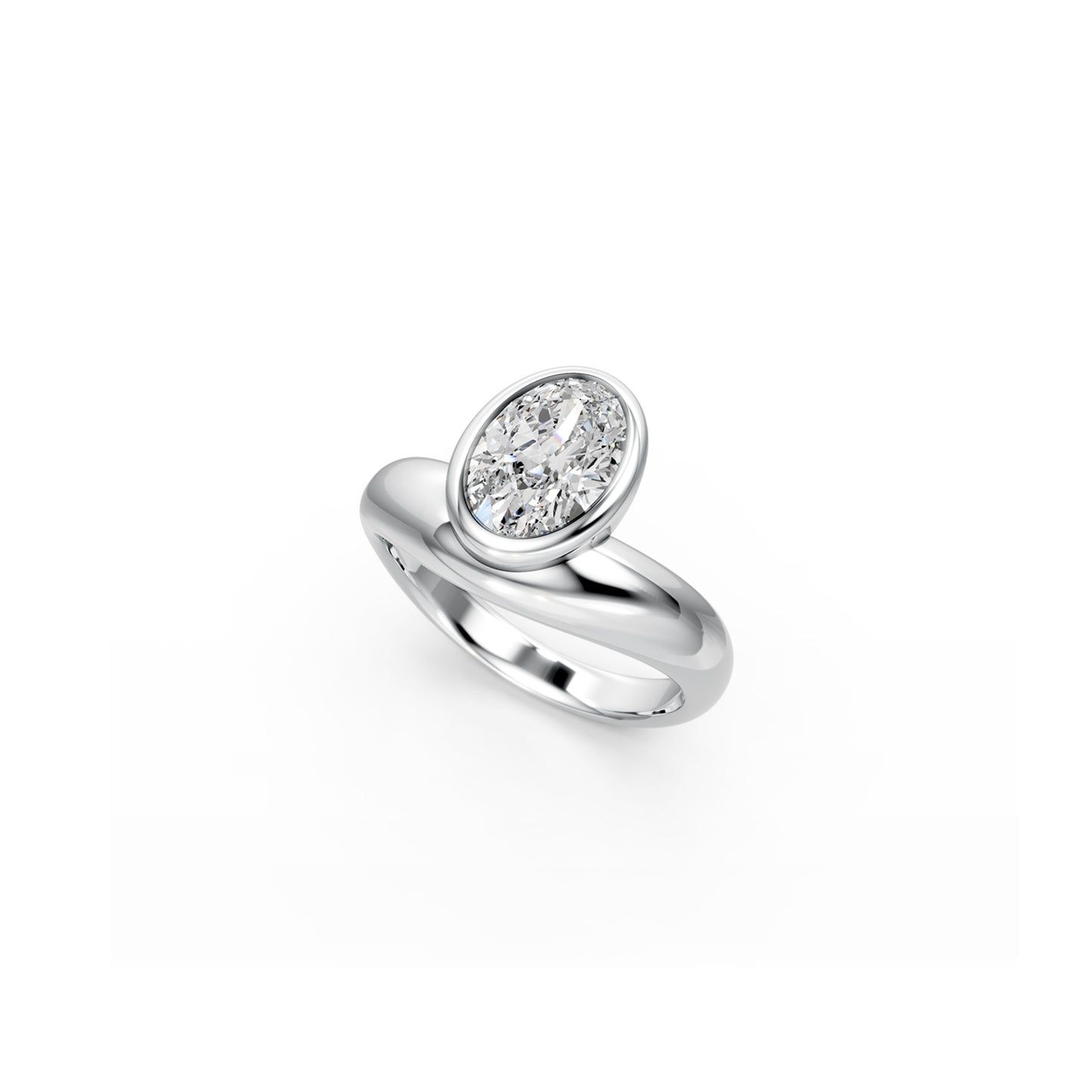 Chunky oval bezel set engagement ring with curved band in white gold 