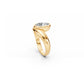 Side profile of non traditional engagement ring showing curved gold band flowing around oval bezel set diamond