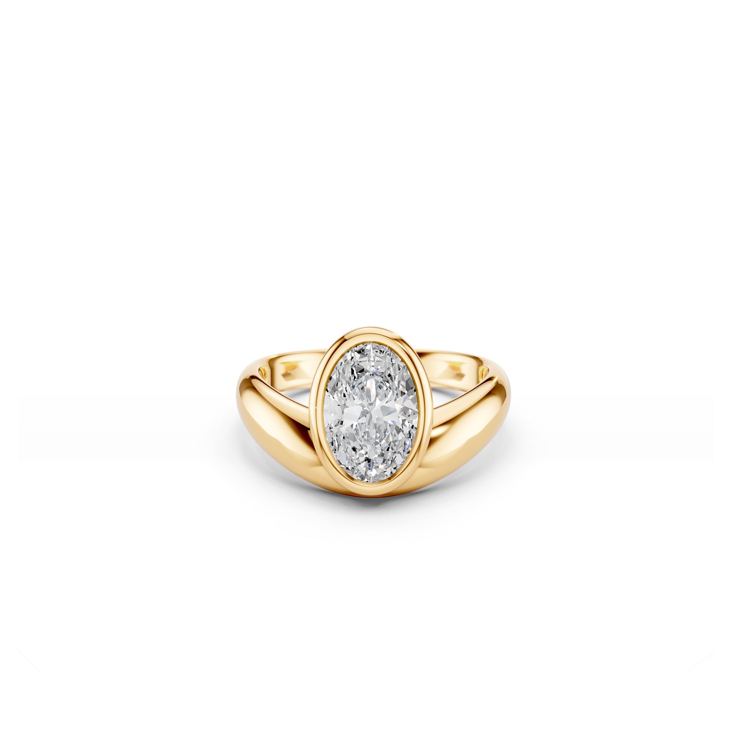 Oval bezel-set diamond engagement ring with boldly curved gold band in yellow gold | South Africa