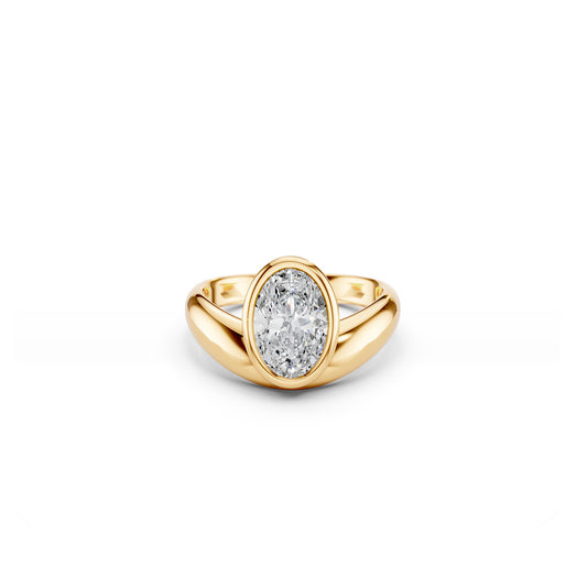 Oval bezel-set diamond engagement ring with boldly curved gold band in yellow gold | South Africa