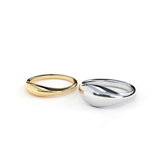 Mini Puffy Signet Ring in 9k yellow gold and Puffy Signet Ring in white gold