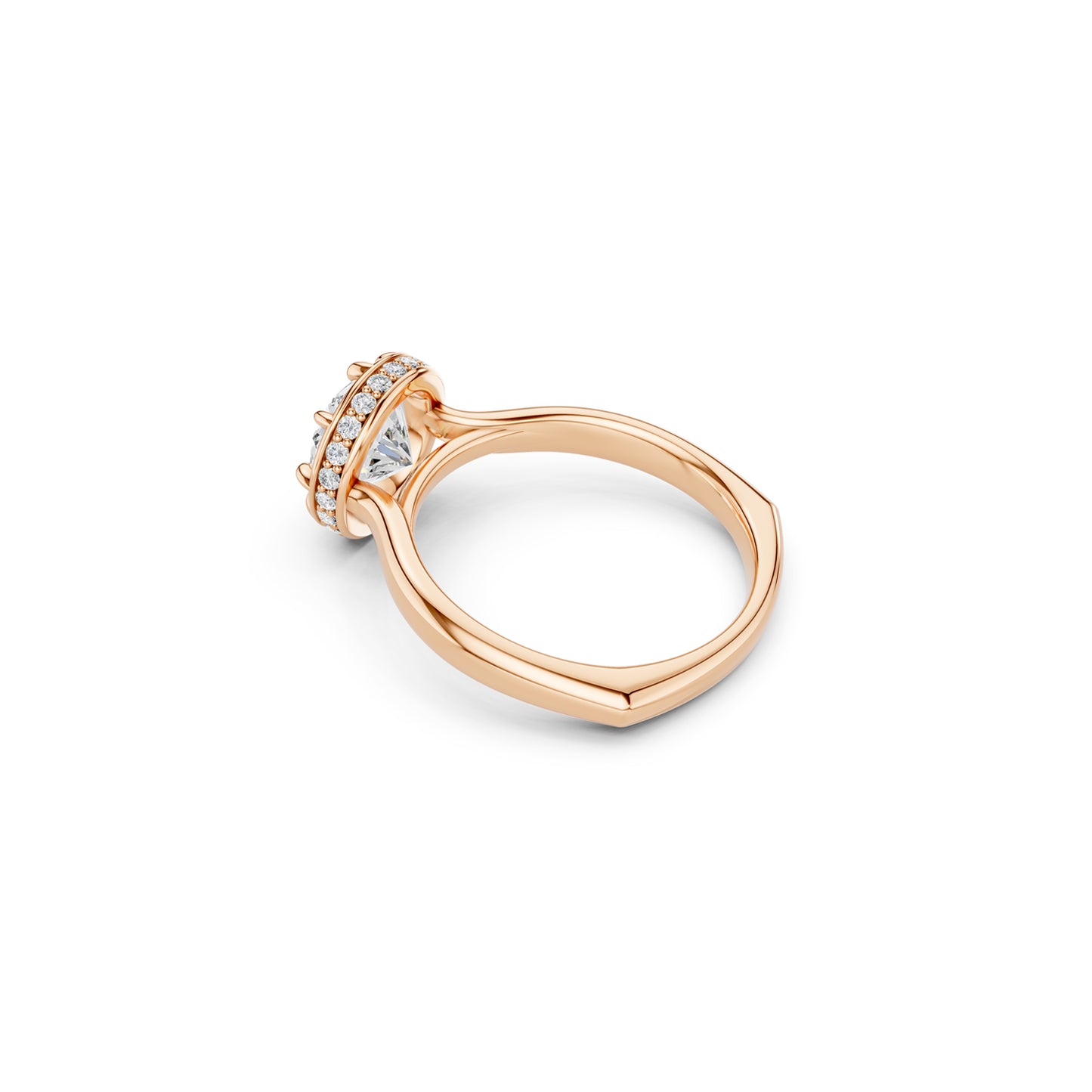 Side view of rose gold round brilliant-cut engagement ring with hidden halo and euro shank