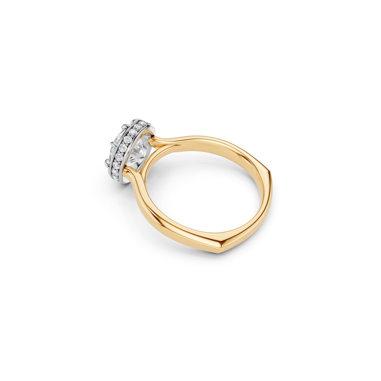Angled side view of two-tone engagement ring with round brilliant cut diamond, hidden halo and euro shank 