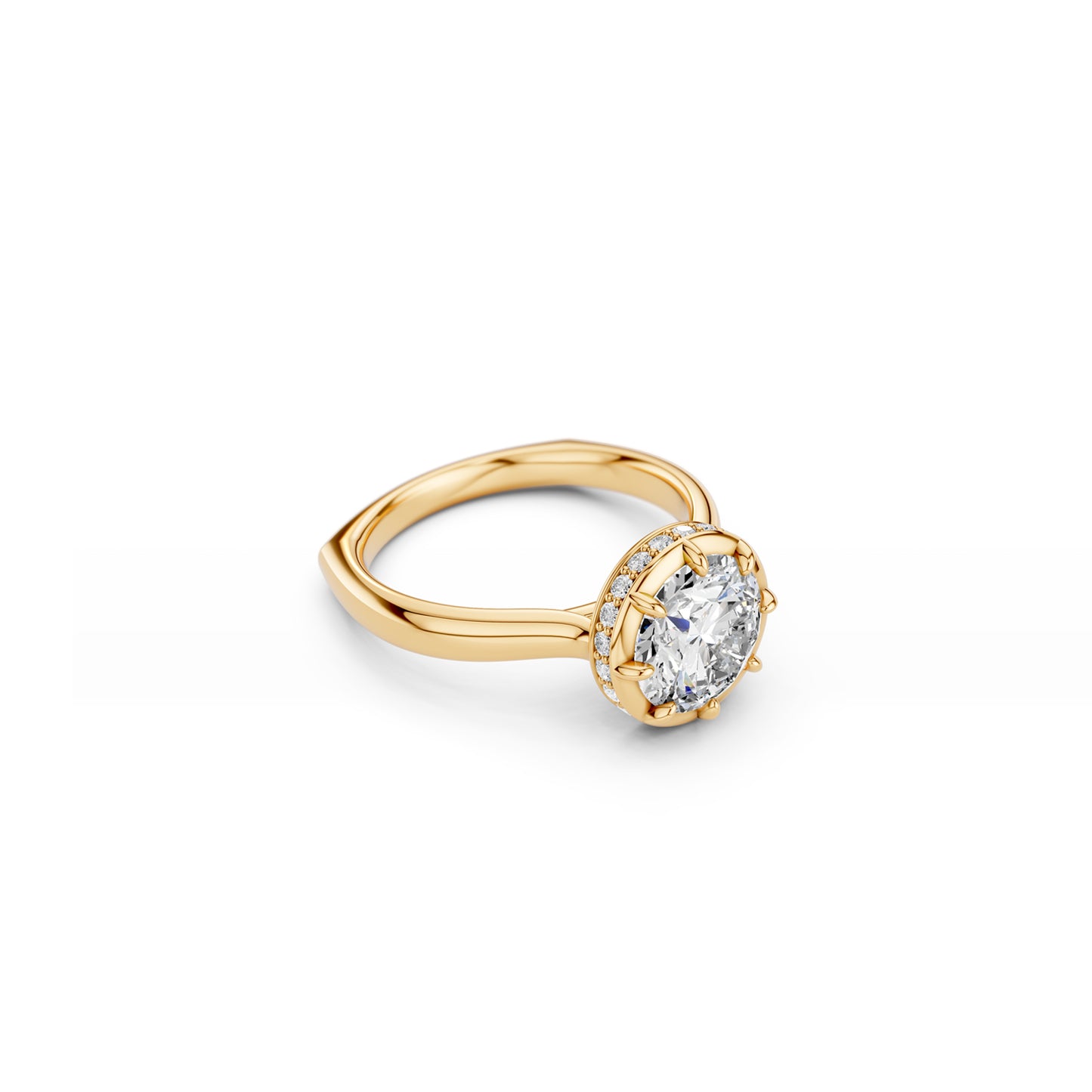 Angled view of Georgian-inspired round diamond ring with hidden halo and euro shank in yellow gold 