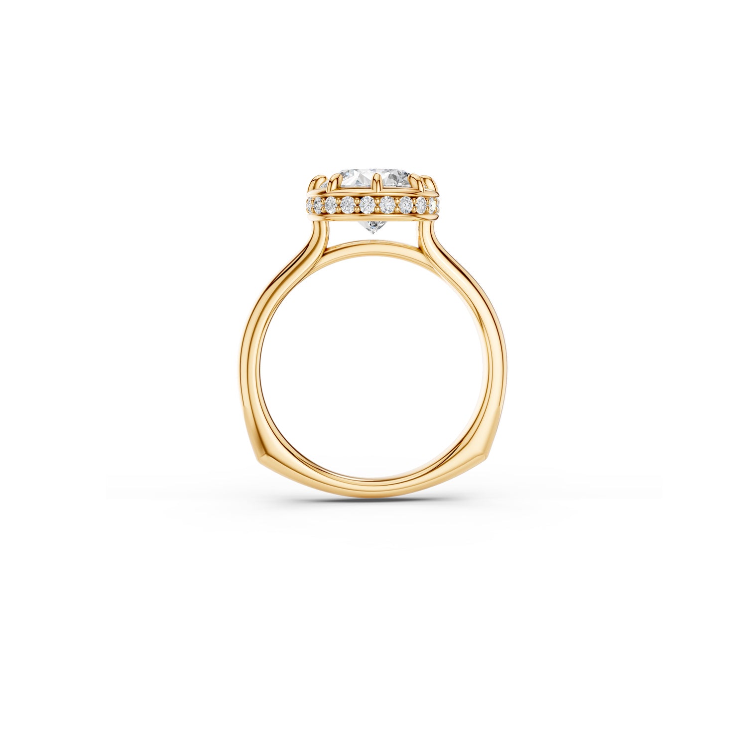 Side view of round diamond ring with hidden halo and euro shank in yellow gold 