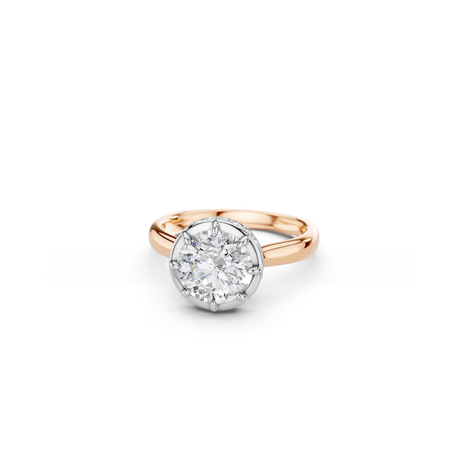 Two-tone round diamond vintage inspired engagement ring with hidden halo