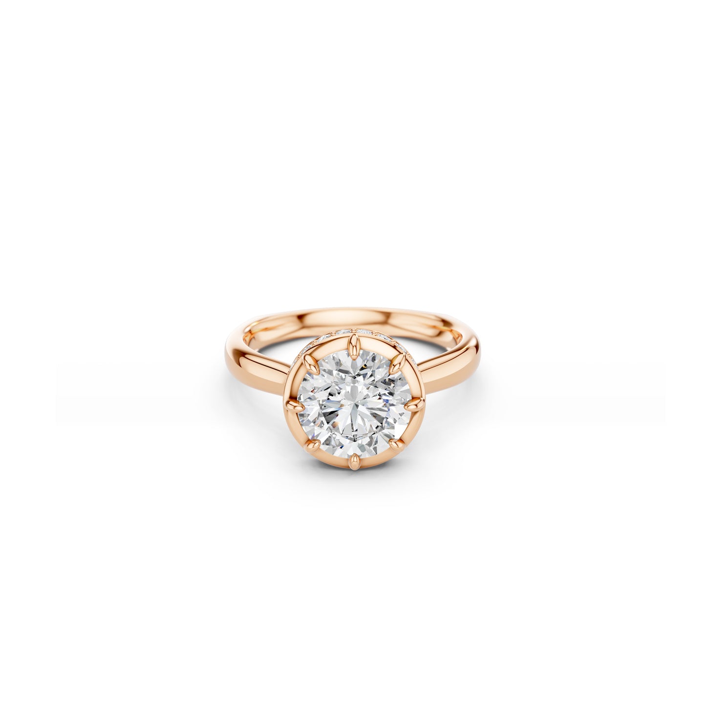 Rose gold engagement ring with vintage inspired round diamond setting 