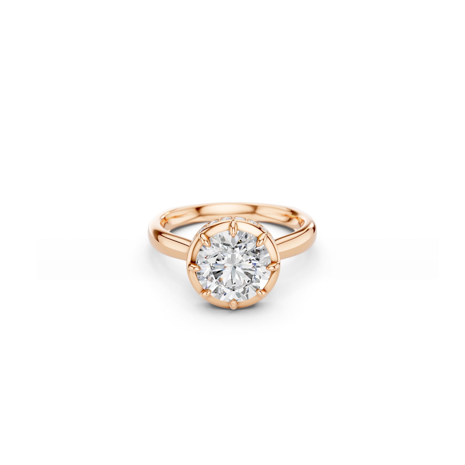 Rose gold engagement ring with vintage inspired round diamond setting 