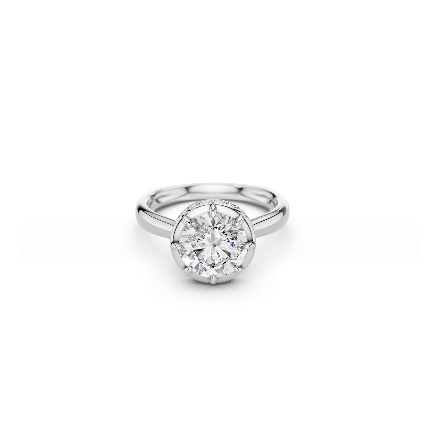 Round brilliant-cut engagement ring with crown-like setting and hidden halo in white gold 