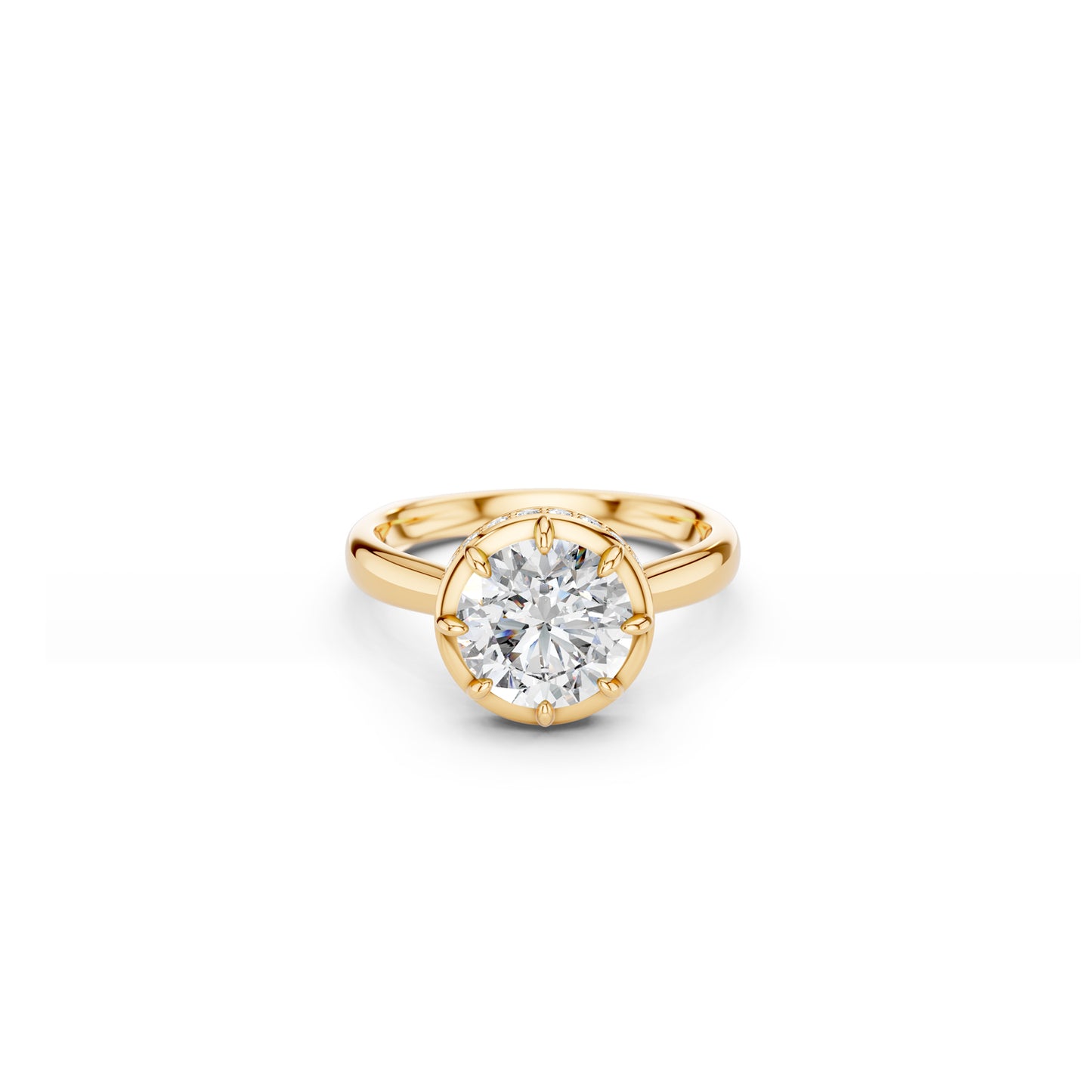 Georgian-inspired round diamond solitaire engagement ring with hidden halo
