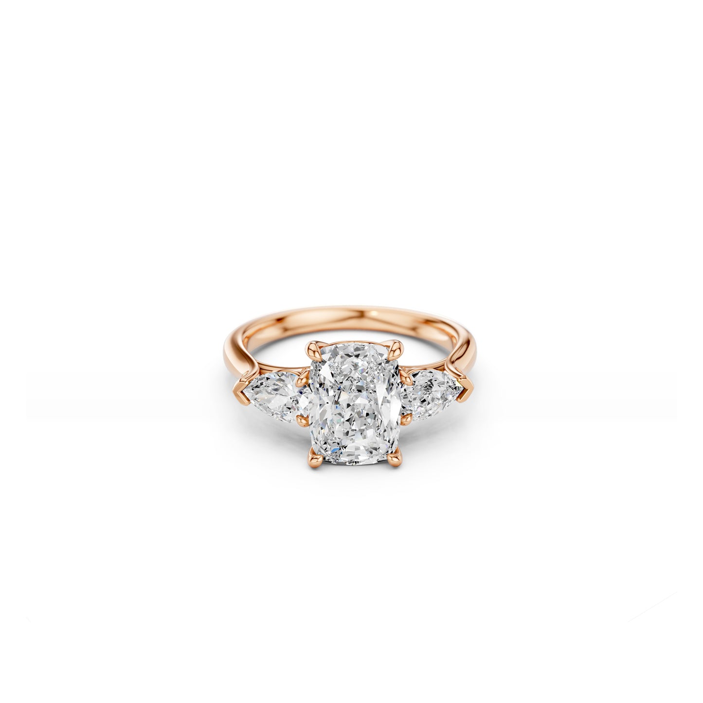 Rose gold three-stone ring with cushion-cut centre diamond and pear sides