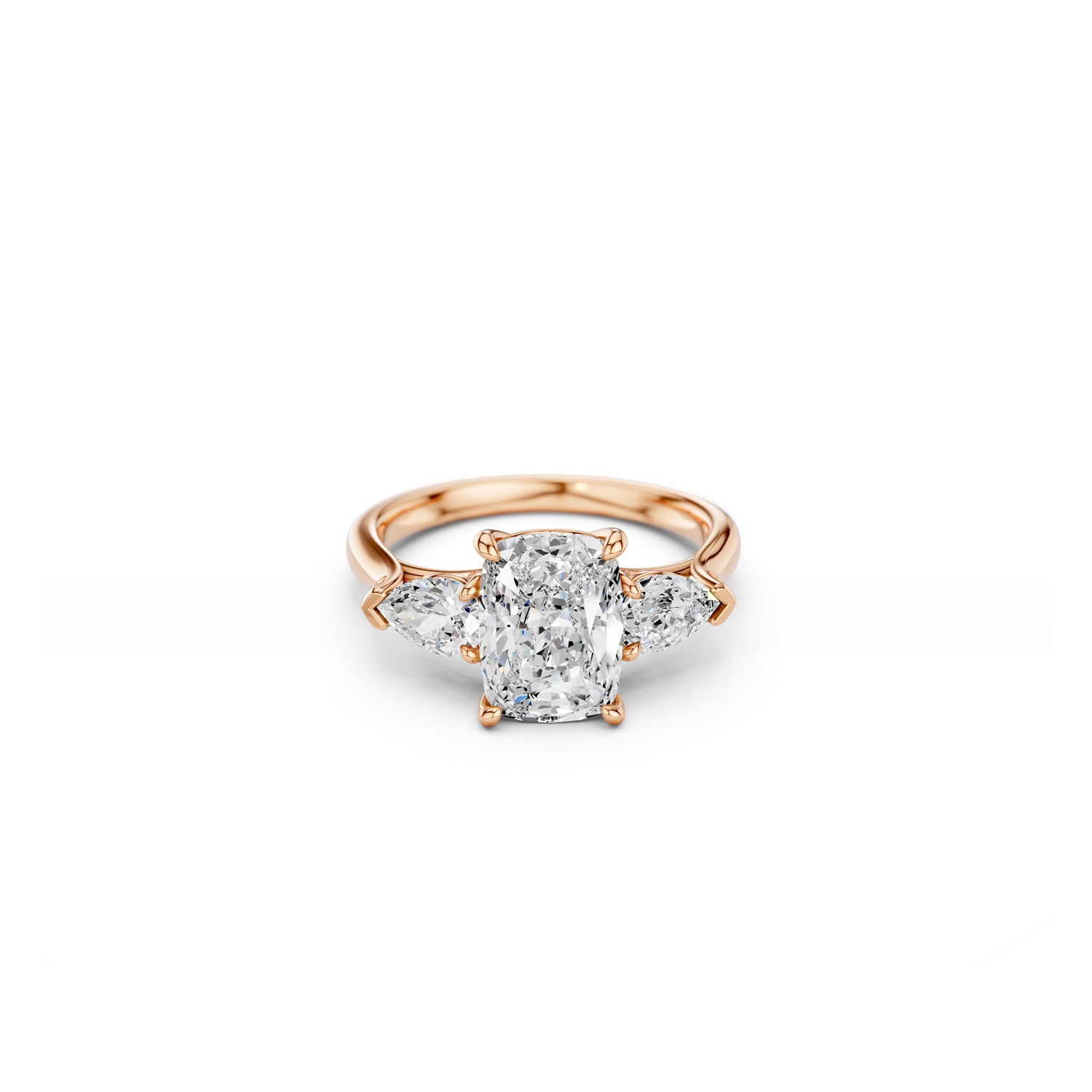 Rose gold three-stone ring with cushion-cut centre diamond and pear sides