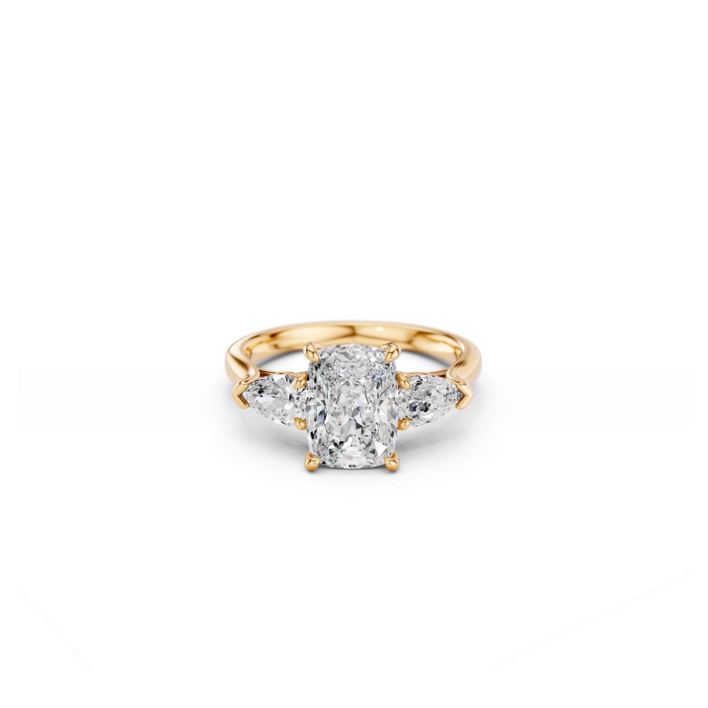 Three-stone engagement ring with cushion-cut centre and pear-shaped side stones, top view