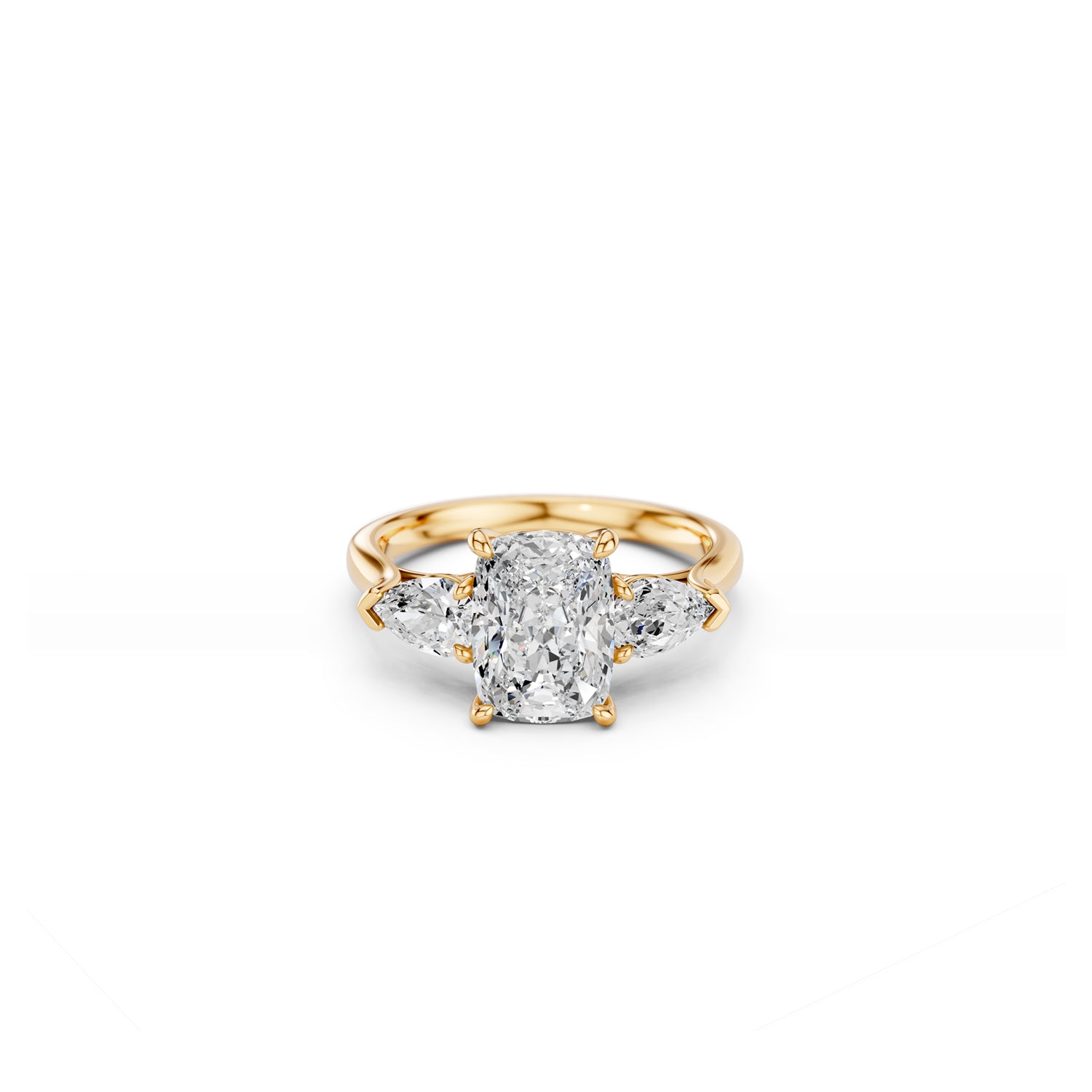 Three-stone engagement ring with cushion-cut centre and pear-shaped side stones, top view