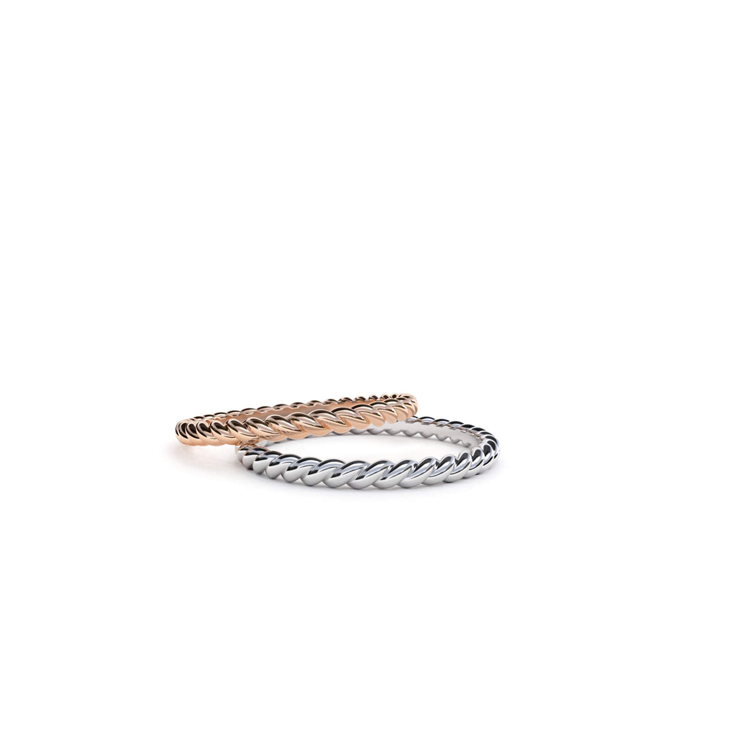 Twisted Sister stack rings in 9k rose and white gold